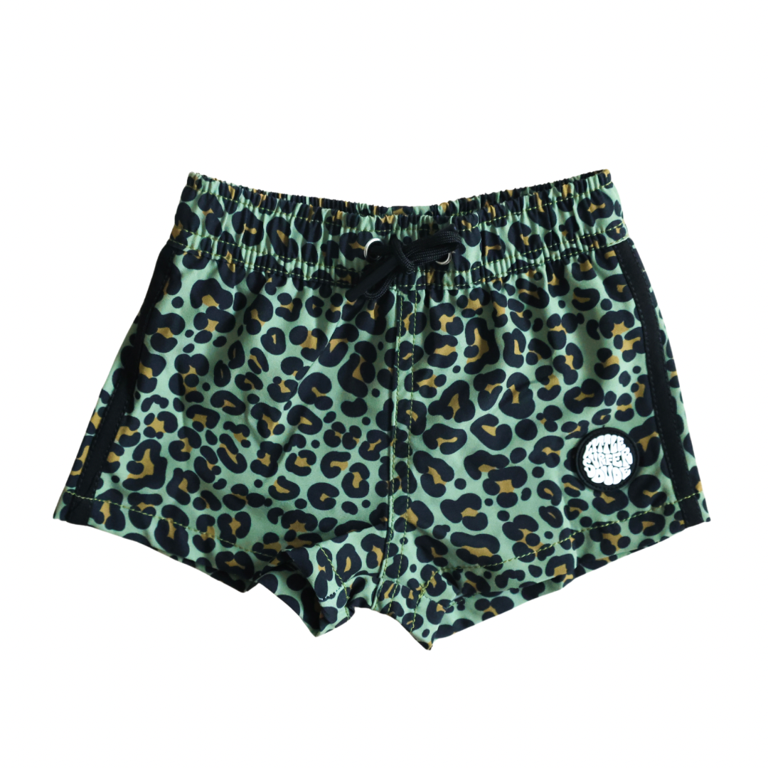 THE LITTLE SURFER DUDE Rainforest Green Animal Print Swim Trunks