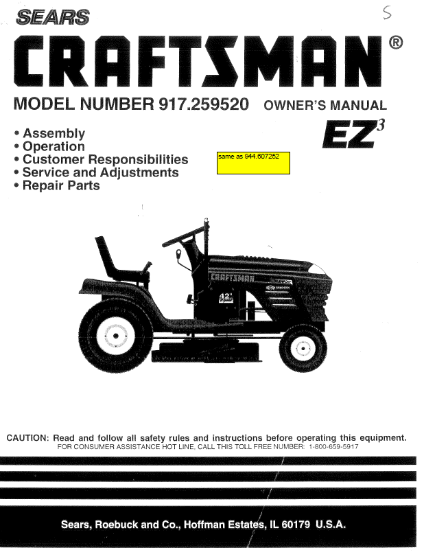 FREE CRAFTSMAN MANUAL 917.259520 Manual for Craftsman 15.5 HP Lawn Tractor 944.607252