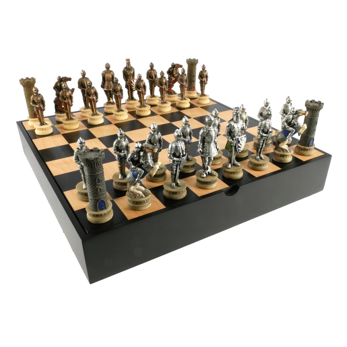 2297 WorldWise Imports  Knights in Armor Resin Chessmen on Chest Chess Set Black & Maple
