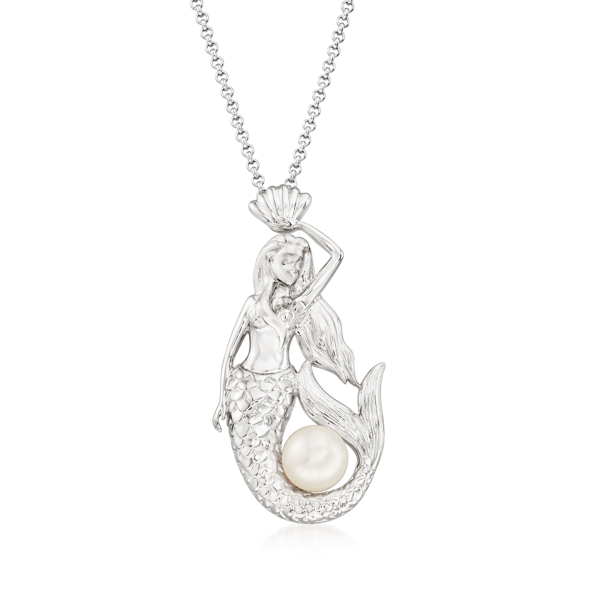 2023 Ross Simons 8.5 9mm Cultured Pearl Mermaid Pendant Necklace in Sterling Silver