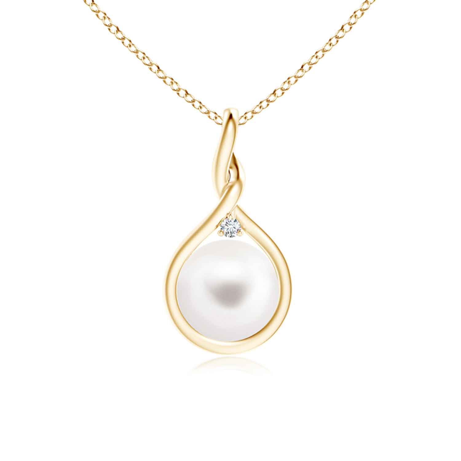 2121 Sterling Silver With Gold Plated White Round Shell Pearl With Clear Cubic Zirconia Pendant Necklace