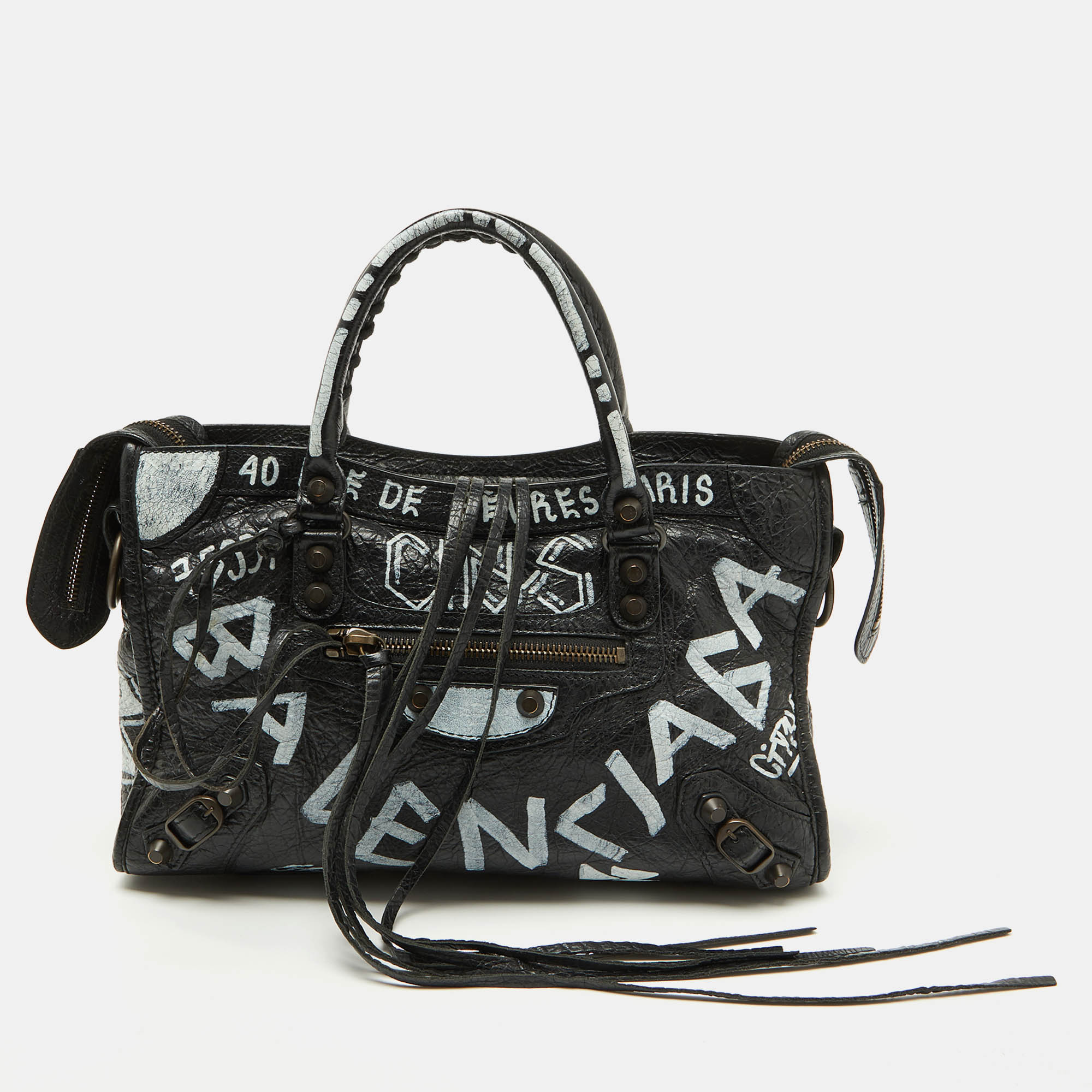 2613 Balenciaga Black Leather Graffiti Print Classic Small City Rh Tote