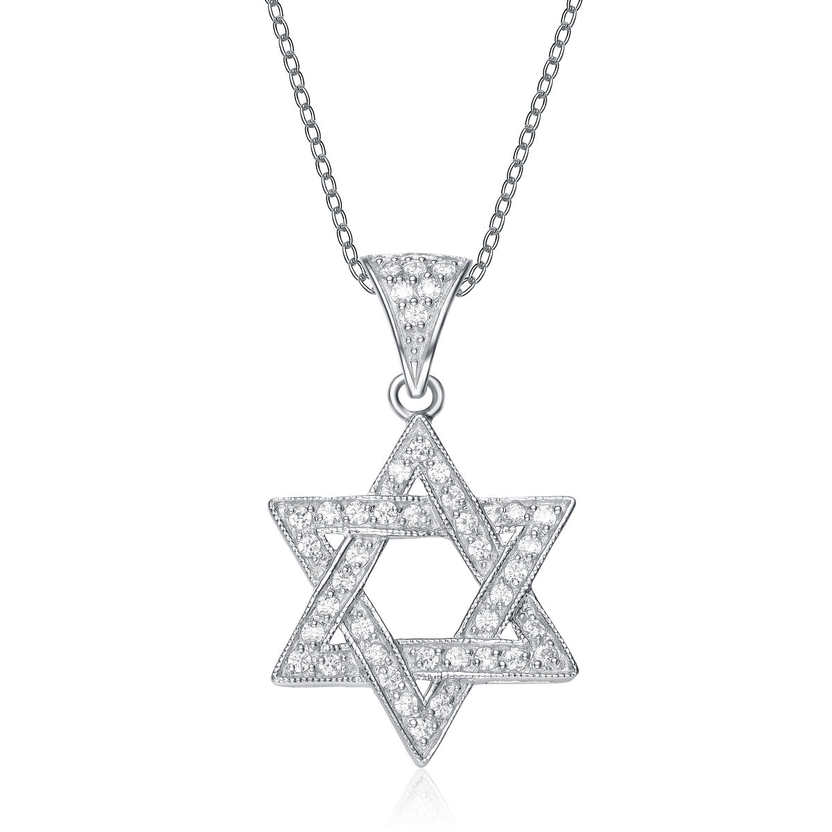 2121 Gv C.z. Sterling Silver Rhodium Plated Star Of David Drop Pendant