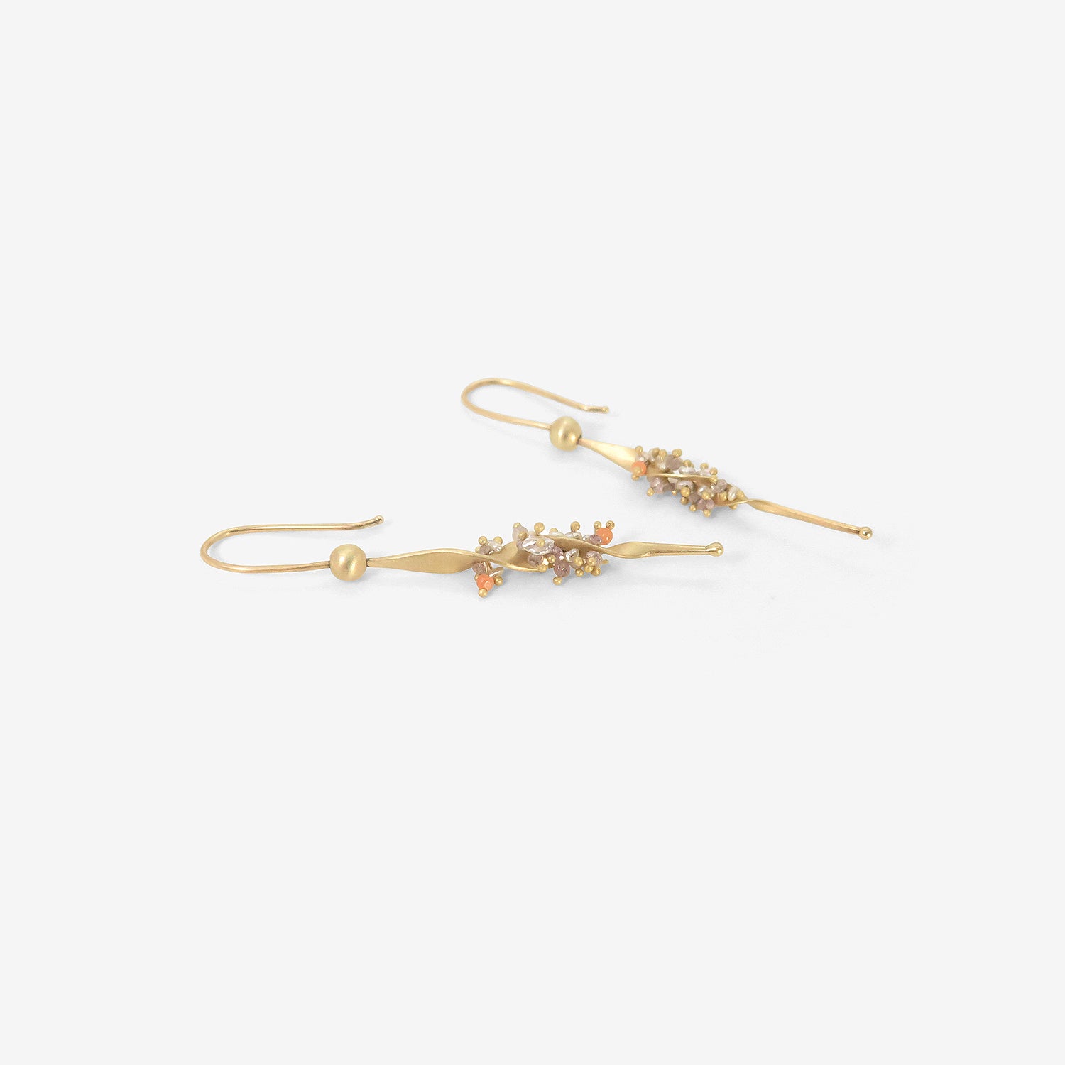 TED MUEHLING 14K SMALL SEAWEED EARRINGS WITH KESHI PEARLS  CORAL & DIAMONDS