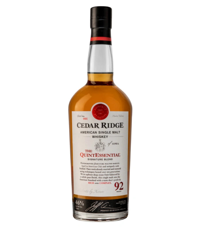 CEDAR RIDGE DISTILLERY Cedar Ridge The QuintEssential American Single Malt Whiskey 750mL