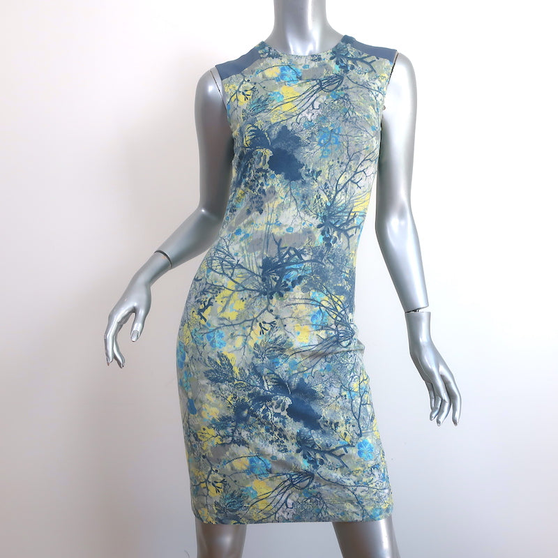 JEANINE MORRIS RUSH Erdem Sleeveless Mini Dress Gray Blue Tree Print Stretch Jersey Size US 2