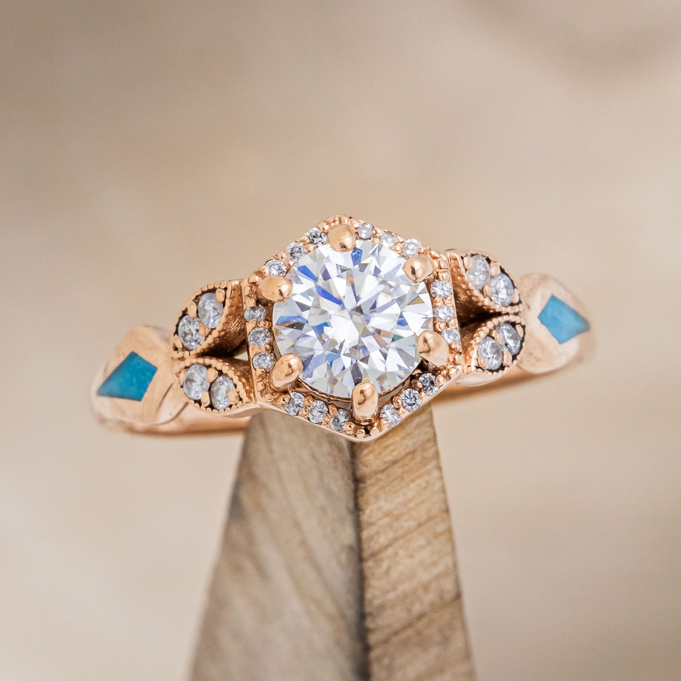 STAGHEAD DESIGNS "LUCY IN THE SKY" PETITE   HALO STYLE ENGAGEMENT RING WITH DIAMOND ACCENTS & TURQUOISE INLAYS