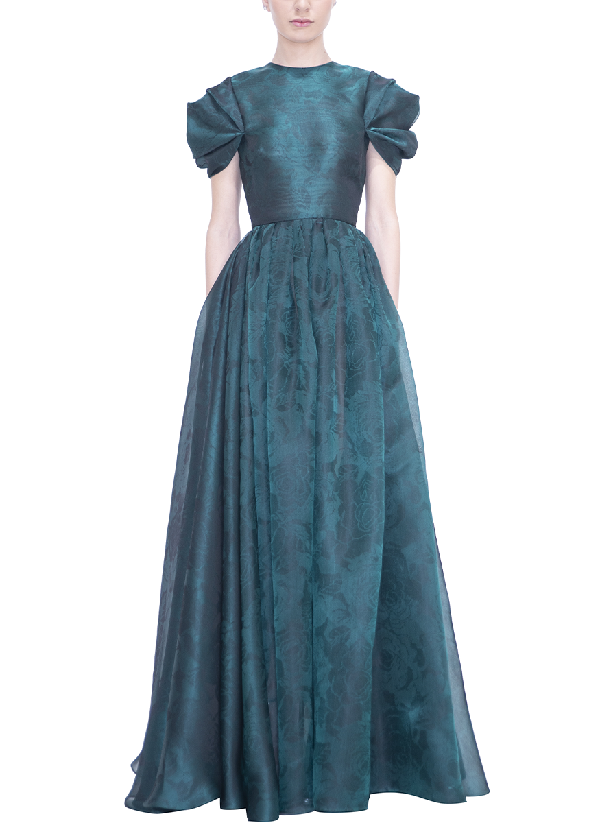 REEM ACRA Printed Organza Gown with Draped Sleeves