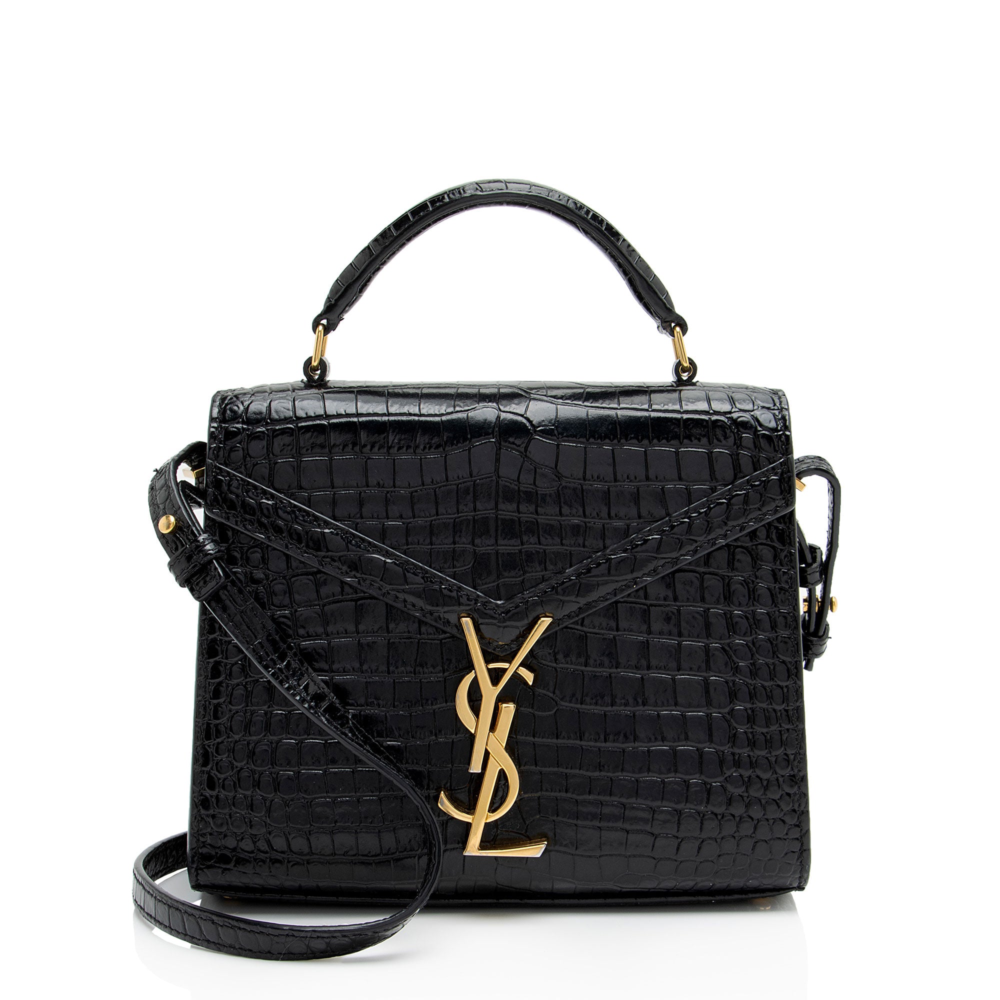 Saint Laurent Croc Embossed Leather Monogram Cassandra Mini Top Handle