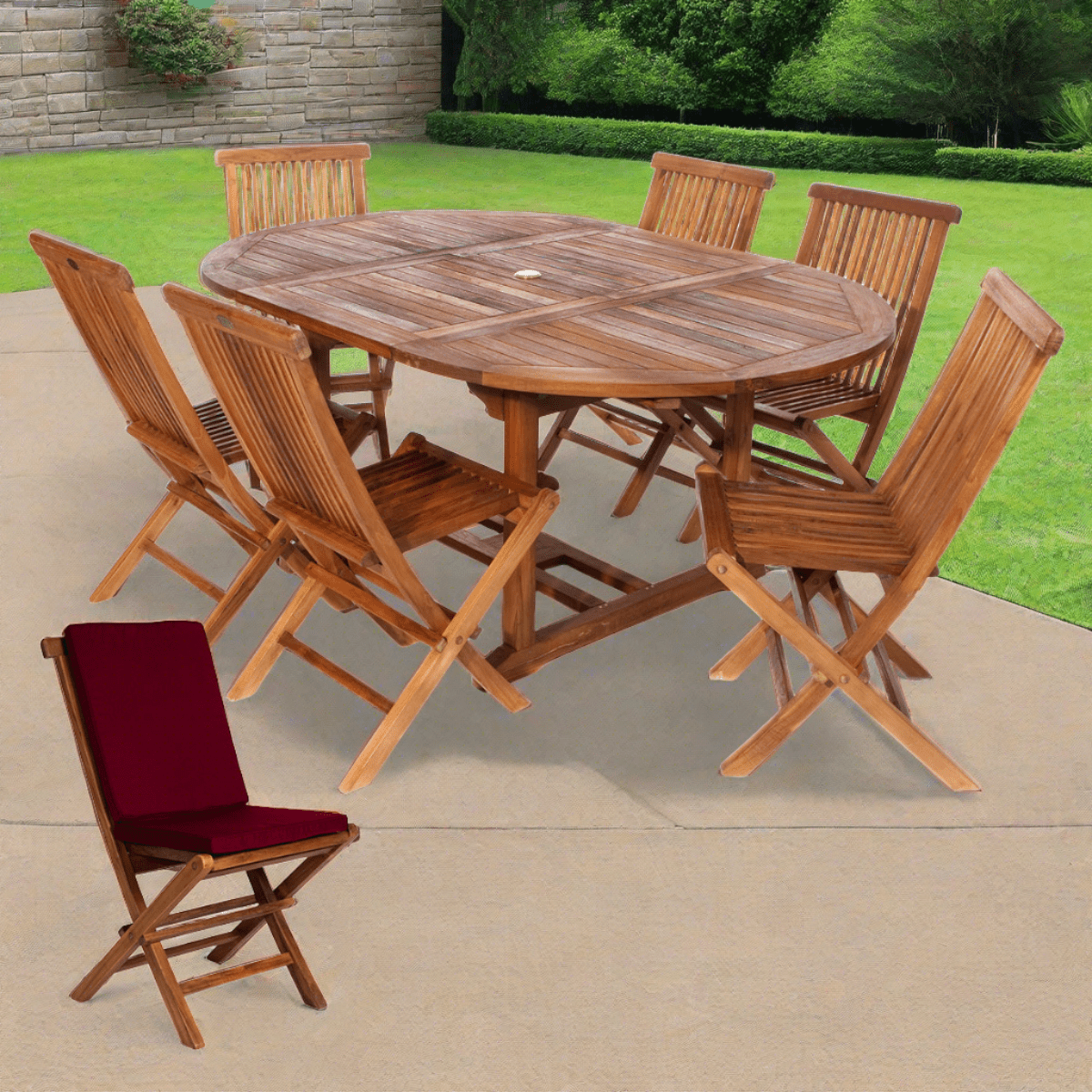All Things Cedar 7 Piece Oval Extension Table Folding Chair Set with Red Cushions TE70 22 R