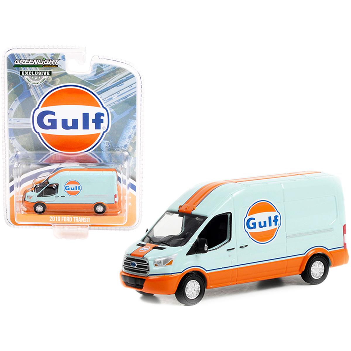 2297 Greenlight 3.5 in. 1 64 Scale 2019 Ford Transit LWB High Roof Van Gulf Oil Hobby Diecast Model Car Light Blue & Orange