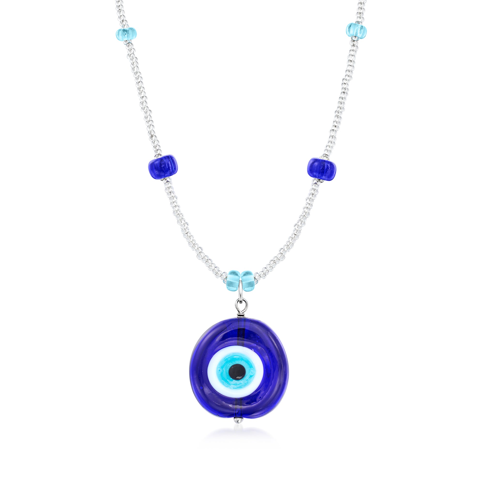 2023 Ross Simons Italian Tonal Blue Murano Glass Bead Evil Eye Necklace With Sterling Silver