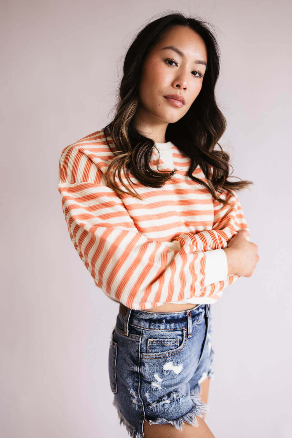 BLUE PEPPER Blu Pepper Contrast Ribbed Stripe Knit Top for Women in Peach   B4FT1040 PEACH