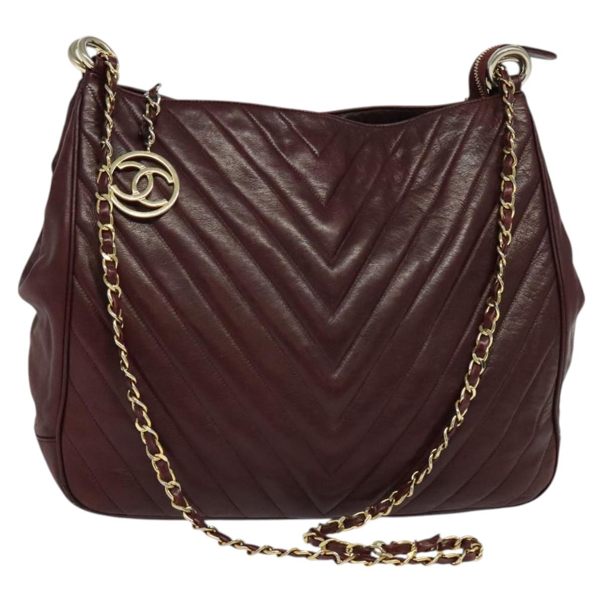 CHANEL Chain V stitch Shoulder Bag Lamb Skin Bordeaux Gold CC Auth bs24546