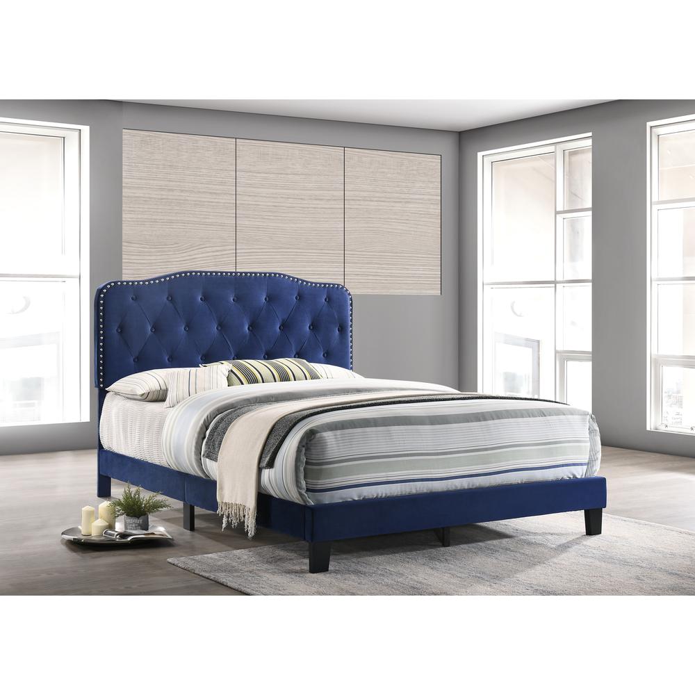 2736 Navy Velvet Uph. Panel Bed with Silver Nailhead Full