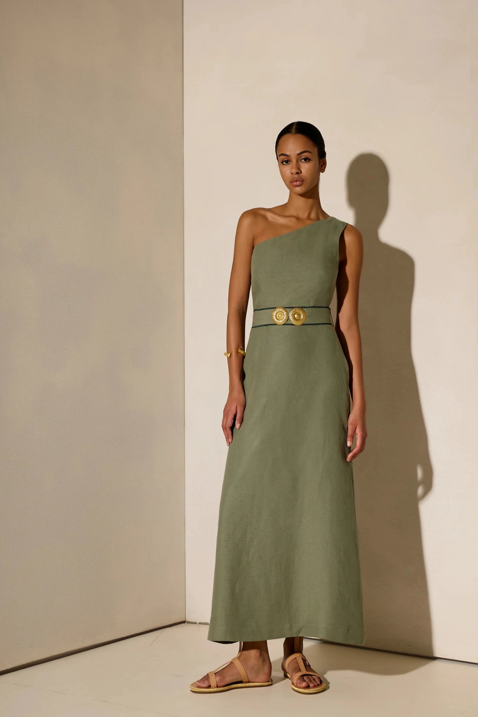ANCIENT KALLOS Ino One Shoulder Linen Midi Dress Gold Buckles Olive Green