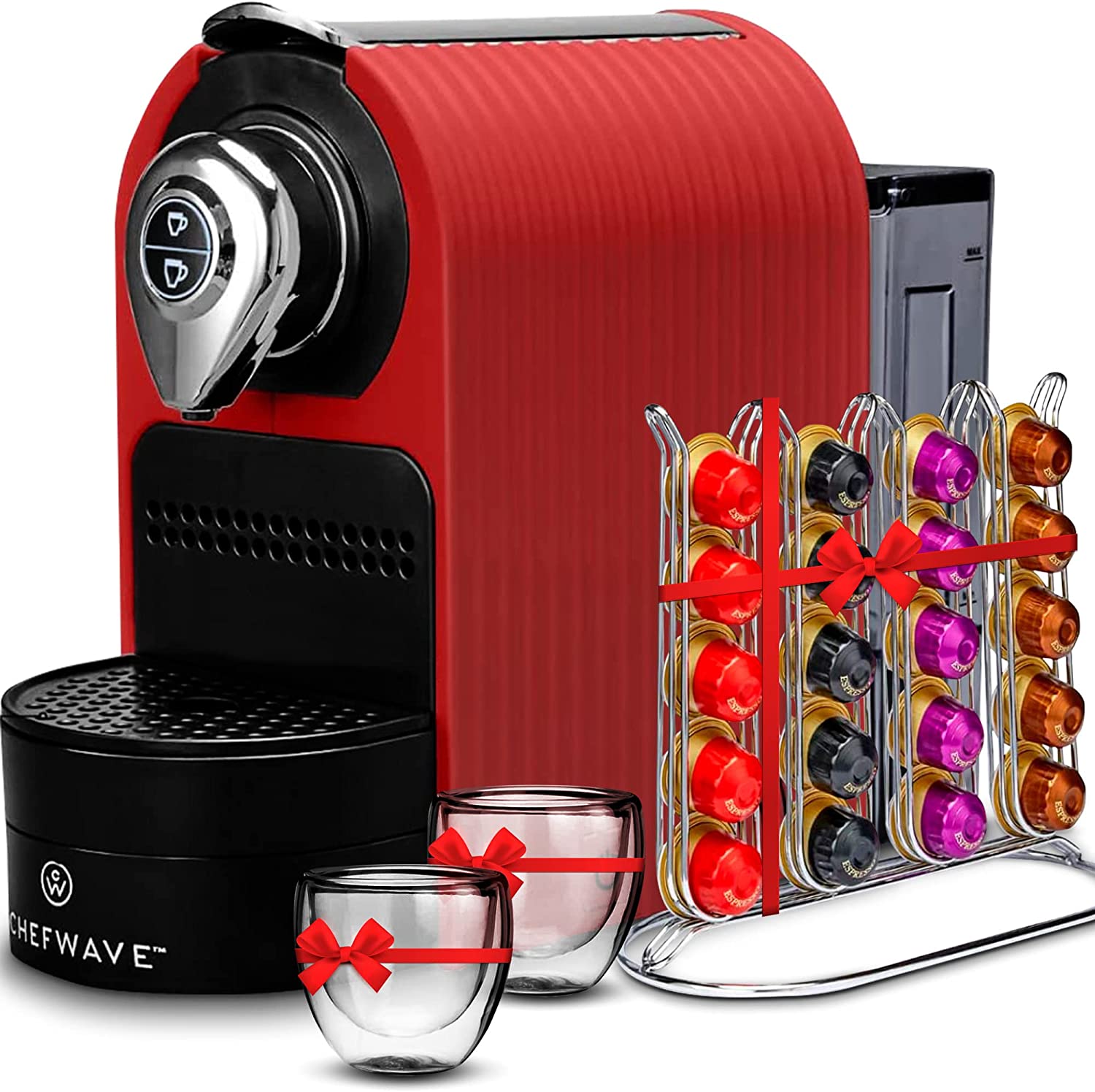 2248 ChefWave Espresso Machine for Nespresso Compatible Capsule  Holder  Cups (Red)