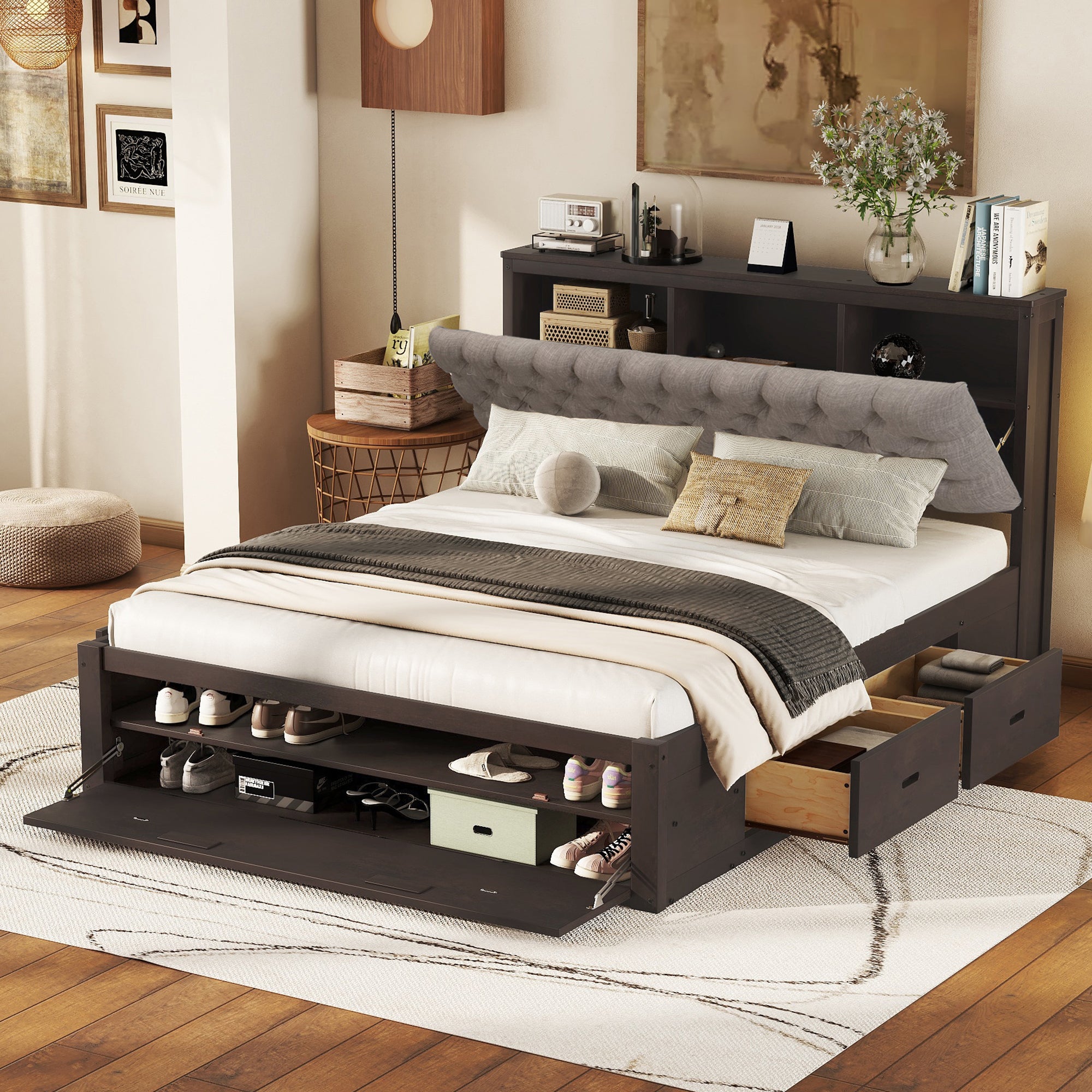 2594 Streamdale Wood Queen Size Platform Bed With Storage Headboard