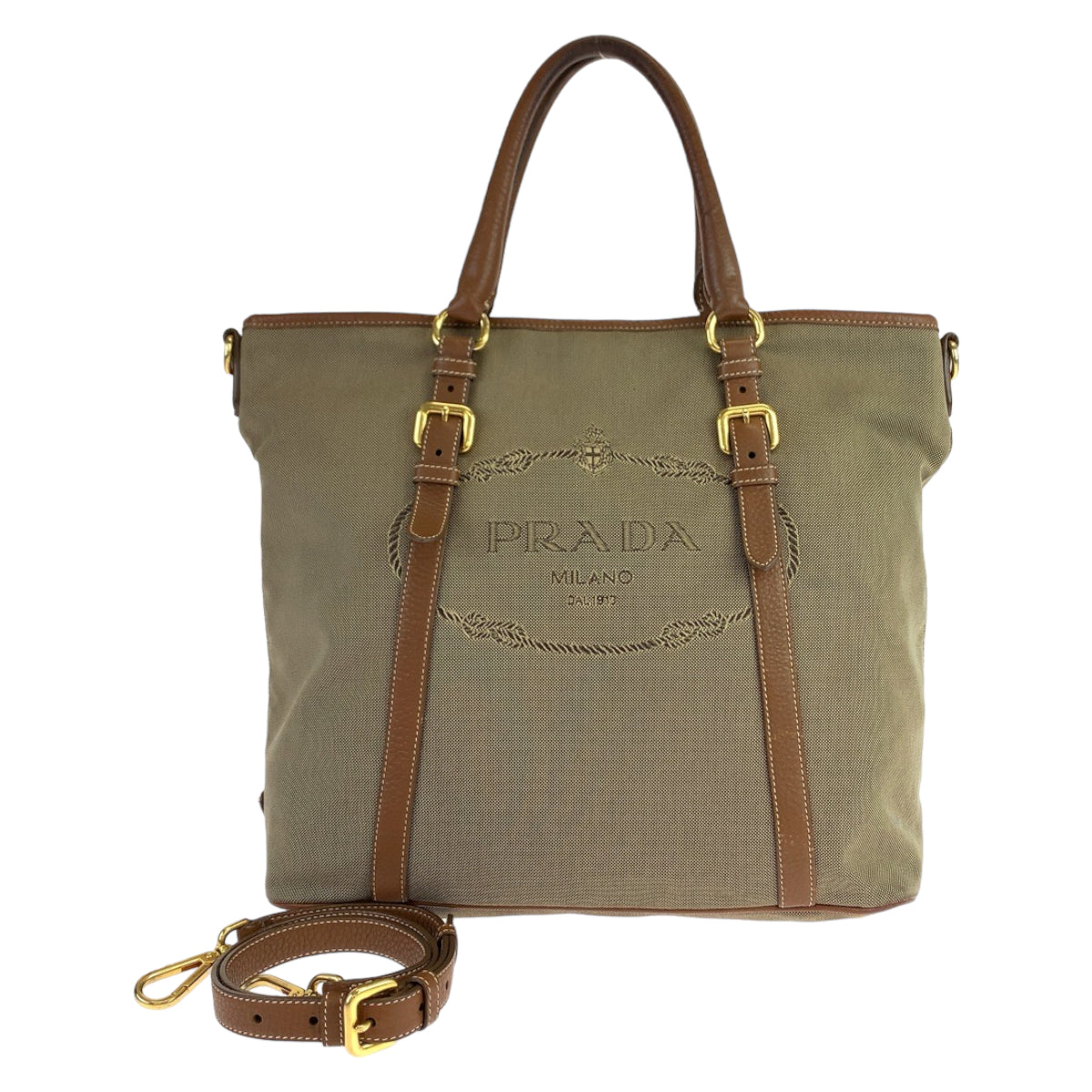 2604 Prada Canvas Leather Logo Jacquard Tote Bag