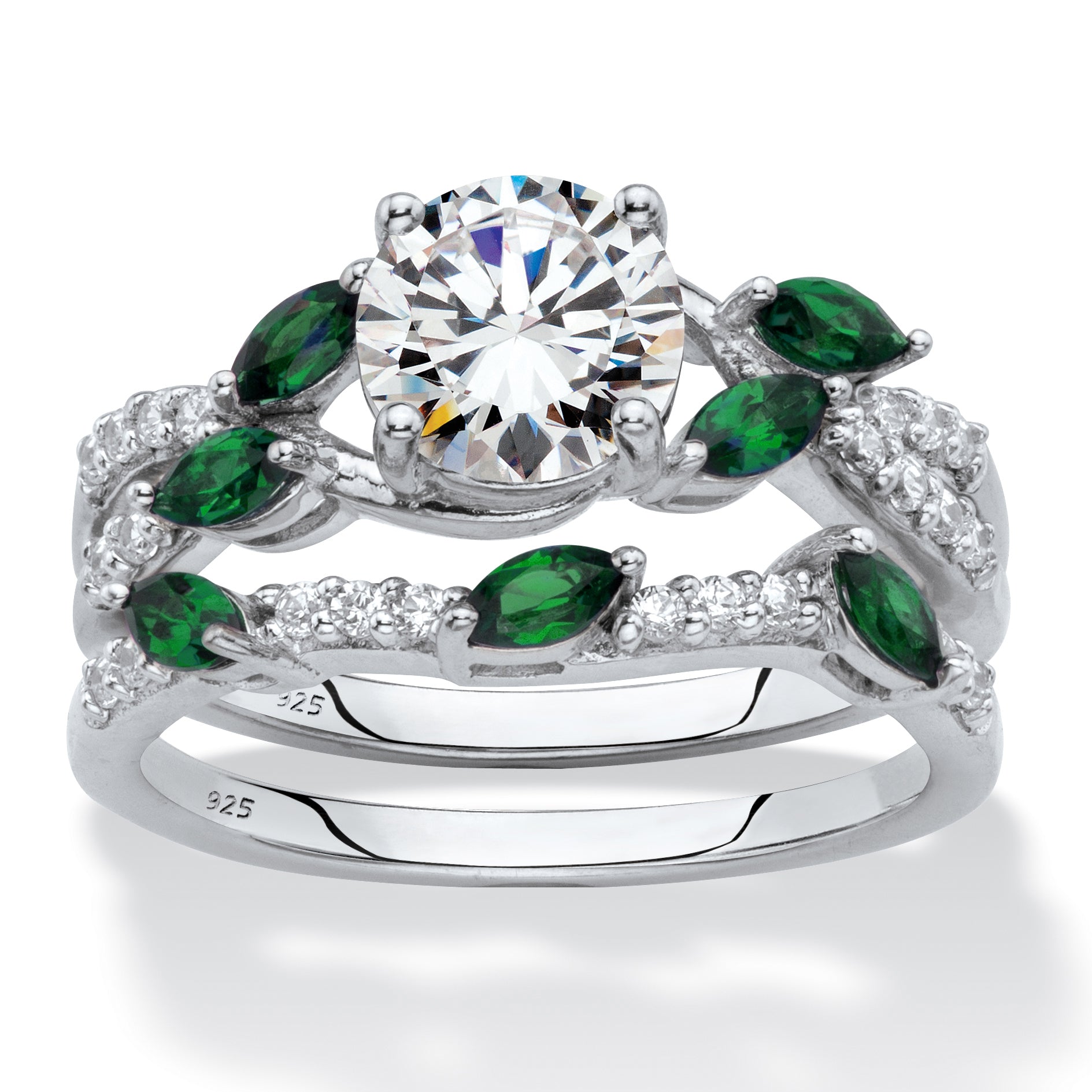 2894 2.35 Cttw. Platinum plated Silver Cubic Zirconia Created Emerald Bridal Ring Set