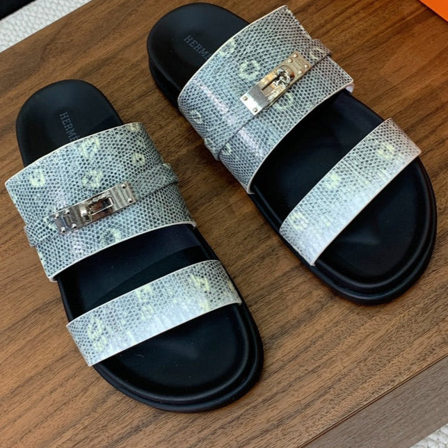 HERMES SHOE HM Jackson Sandal Gray Marble Cowhide 294064