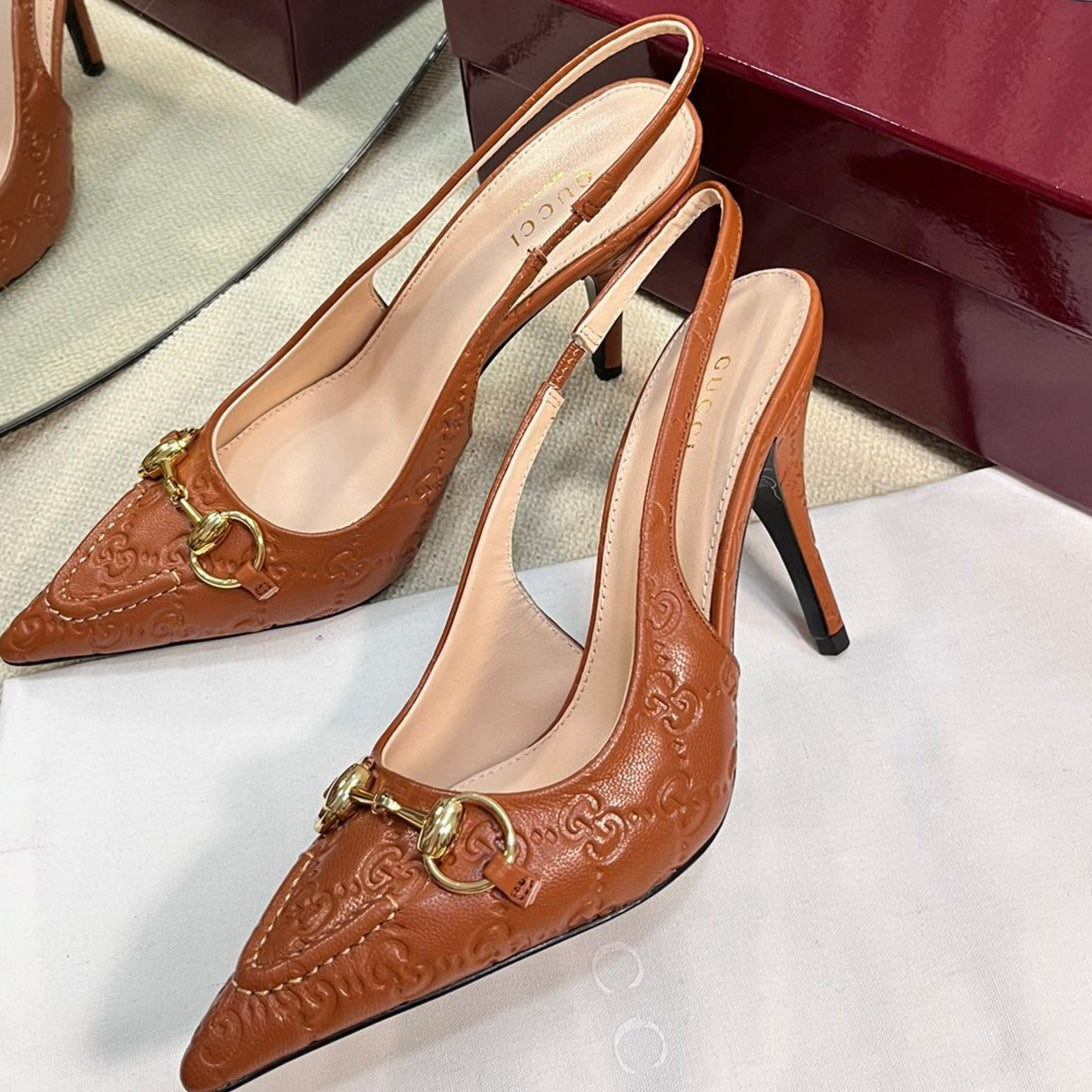 GG WOMEN SHOE GC Horsebit Slingback Pump 100mm Brown Embossed  Sheepskin 294578