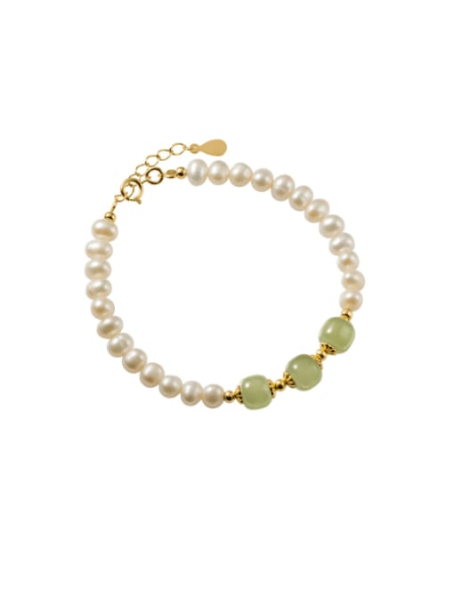 KESLEYBOUTIQUE Lucky Pearls and Jade Bracelet  Three Natural Jade Gemstones with Freshwater Pearls  18k Gold Plated  925 Sterling Silver Bracelet