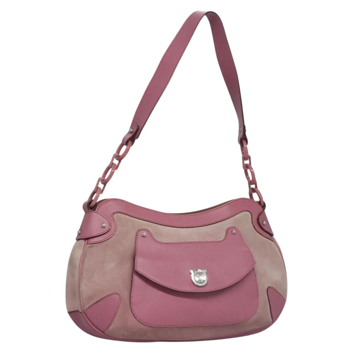 Salvatore Ferragamo Shoulder Bag Suede Silver Pink Auth ti2787
