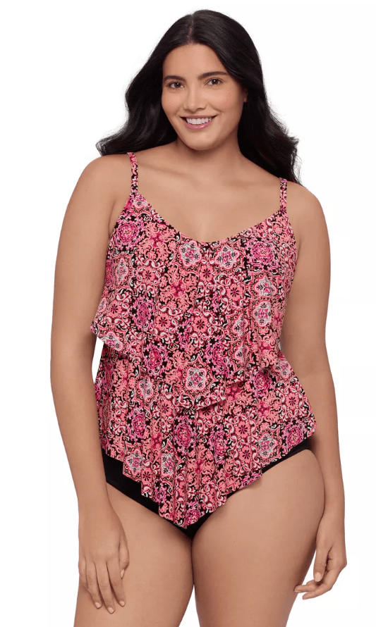 TRIMSHAPER PLUS SIZE RONNIE TANKINI  TILE ISTIC PRINT