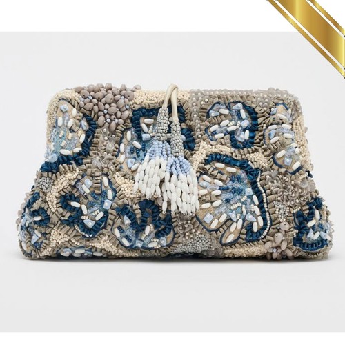 Zara 2025 Luxury Beaded Detail Clutch Bag Blue   Zara Original Limited Edition