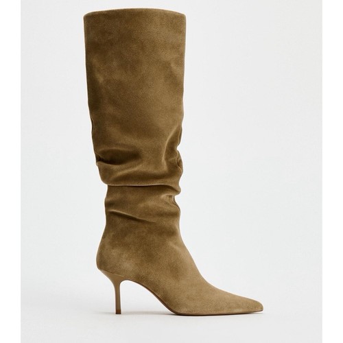 Zara Ruched Split Leather Heeled Boots Sandy Brown Knee High Size US 11 EUR 42