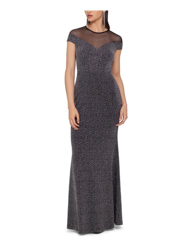 BETSY & ADAM Womens Black Illusion Short Sleeve Full Length Sheath Dress 2