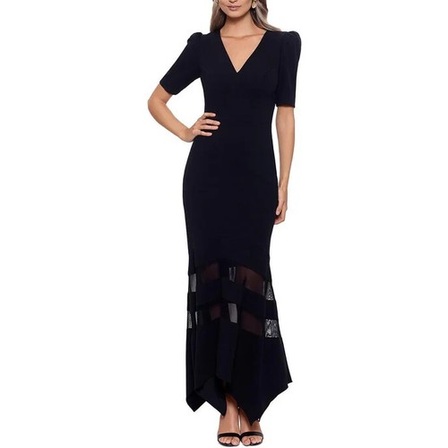 Xscape Black V Neck Short Sleeve Illusion Scuba Gown Size 14 $258