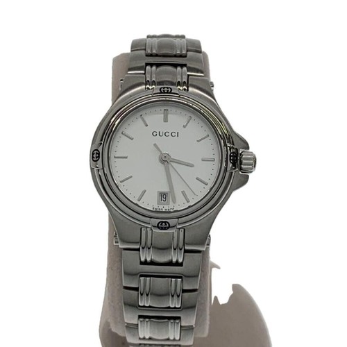 GUCCI 9040M Silver Dial Quartz Date MEN's Silver Watch Japan U Rare Good