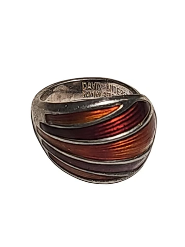 David Anderson Norway Sterling Silver 925 Enameled Red Orange Ring   Size 4