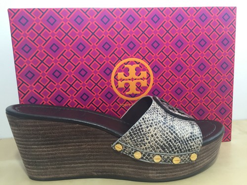 NEW Tory Burch Grey Sandal Wedge PATTI PITONE ROCHA SNAKE Logo 11 M