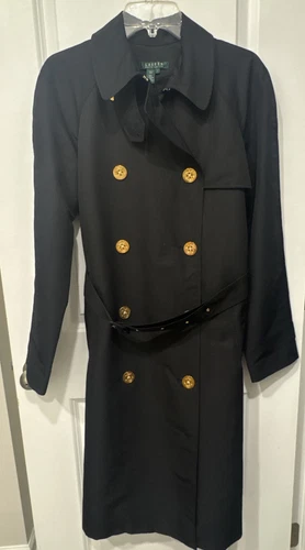 Lauren Ralph Lauren Women's Size LG Black Trench Coat G Anchor Buttons