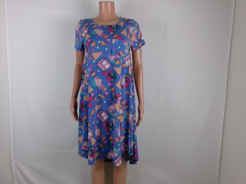 ESSENTIALS Lula Roe Pullover Short Sleeve T Shirt Dress SIZE: XS BLUE MULTICOLOR DESIGN