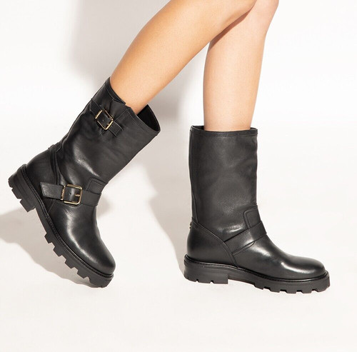 Jimmy Choo Womens Biker II Black Leather Motorcycle Tall Boots EU 37 US 7 $1075