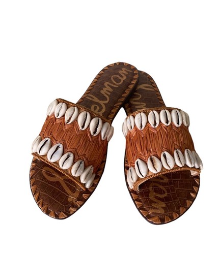 Sam Edelman Raffia Brown Seashell Beachy Gale Slide Sandals Sz 7.5