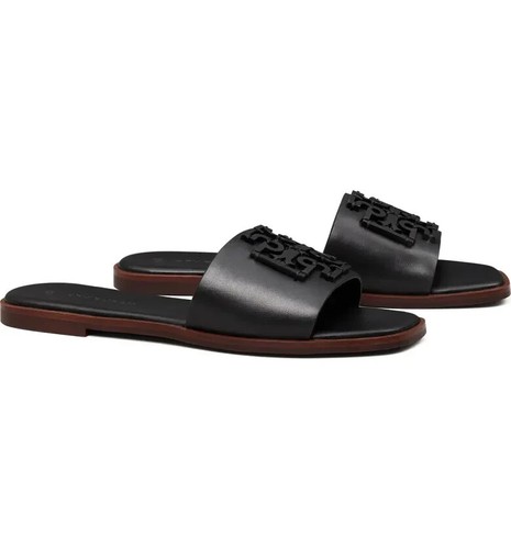 BRANDBLACK NIB Tory Burch Ines Logo Slide Leather Sandal BLACK US 8 AUTHENTIC