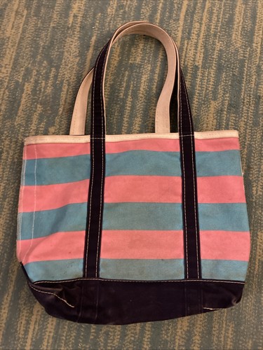 LL BEAN BOAT AND TOTE Vintage LL Bean Boat & Tote Canvas Zipper Striped Navy Pink Blue 16x13