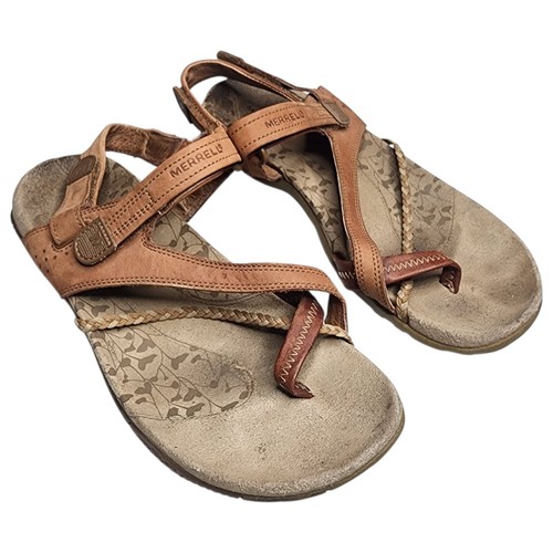 Sandali Merrell donna Siena taglia 7 scarpe pelle marrone tessuto cinturino bohemien