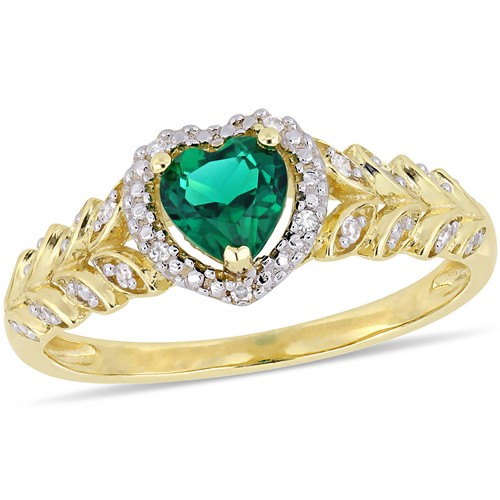 Amour 10k Yellow Gold Created Emerald and Diamond Halo Engagement Ring