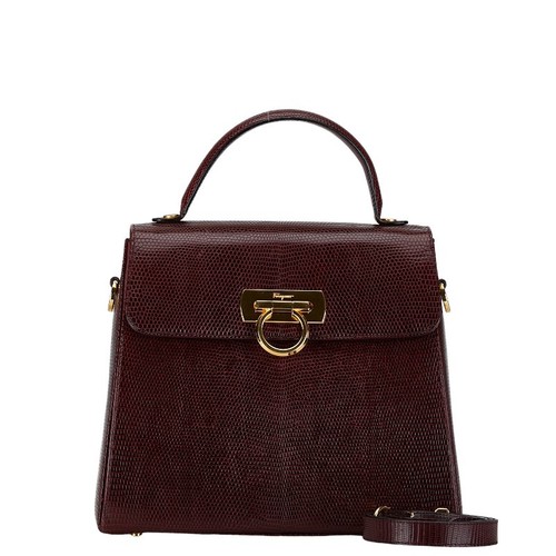 SALVATORE FERRAGAMO Ferragamo Gancini 2Way Bag Bordeaux Red Lizard Leather Shoulder Handbag U