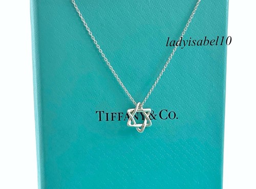 18" Auth. Tiffany & Co Star Of David Mini Charm Pendant Necklace Silver w Pouch