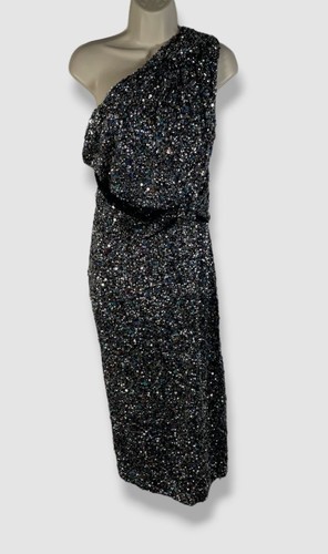 $1399 Rachel Gilbert Womens Silver Reed Embellished One Shoulder Gown Dress Sz 8