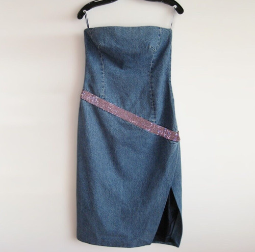 ANTONIO BERARDI Blue Denim Strapless Dress with Pink Rhinestone Pave Band