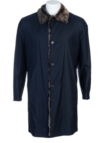 KITON Blue Wool Silk Rex Rabbit Fur Lined Leather Trim Long Coat Overcoat 56 EU