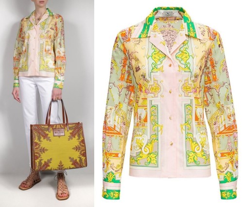 ETRO Logo Scarf Print Stretch Cotton Poplin Shirt in Pink Multi US M  IT 44 $730